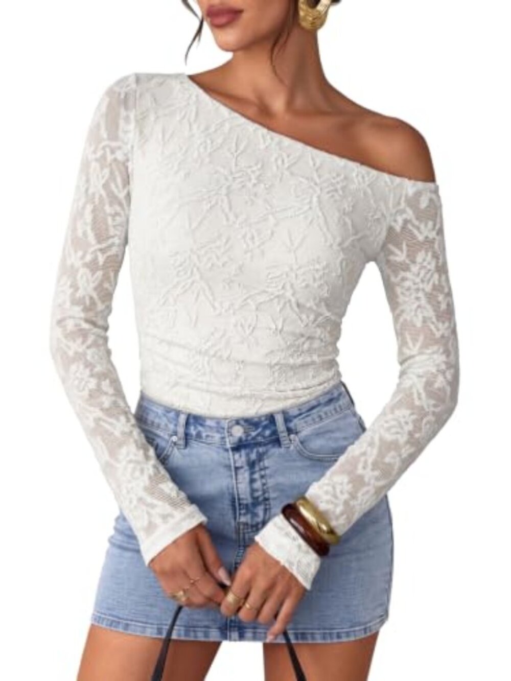 Women's Off Shoulder Lace Top Long Sleeve Going Out Date Night Shirt